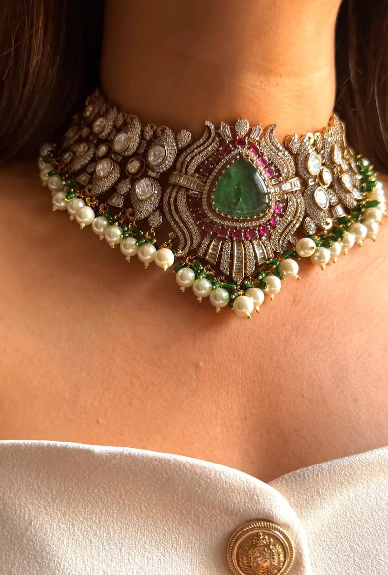 Luxury Kundan Polki Choker Necklace Set with Matching Earrings, Bridal Statement Jewelry, Traditional Wedding Jewelry,