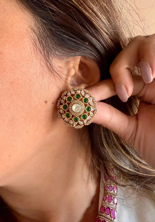 Ruby Emerald CZ Statement Necklace Set, Designer Bridal Necklace with Stud Earrings, Indian Wedding Jewelry