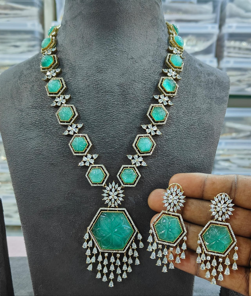 Royal Elegance CZ Long Necklace Set with Matching Earrings – Premium Bridal & Party Wear Jewelry