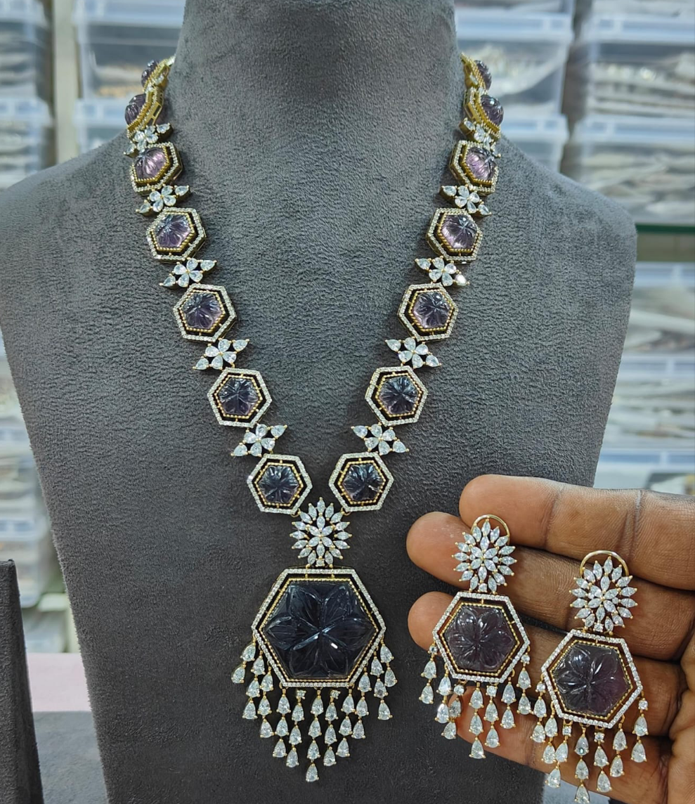 Royal Elegance CZ Long Necklace Set with Matching Earrings – Premium Bridal & Party Wear Jewelry