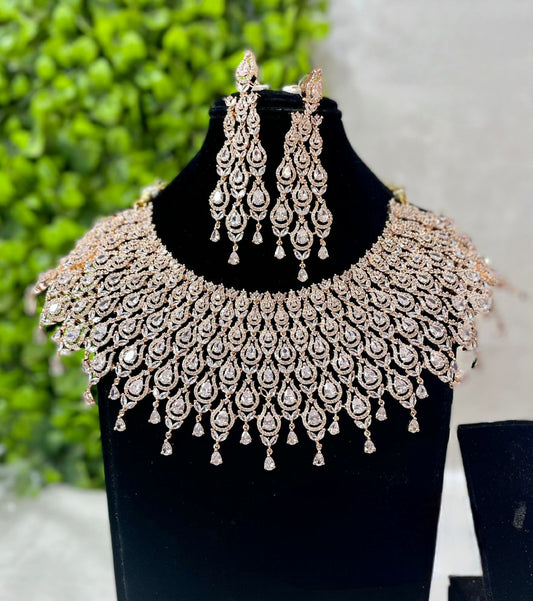 Versatile Radiance: American Diamond Necklace and Earrings Set in Silver, Rose Gold, and Two-Toned Flexibility