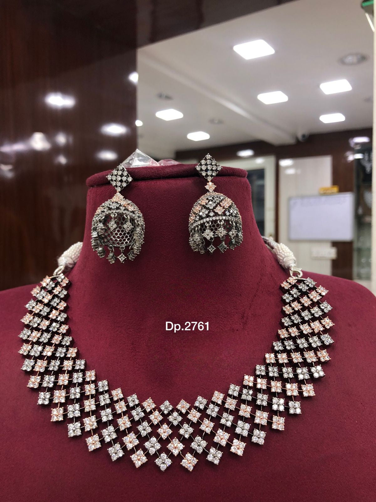 High Quality American diamond Full-bridal Necklace With Earrings available in silver / black polished