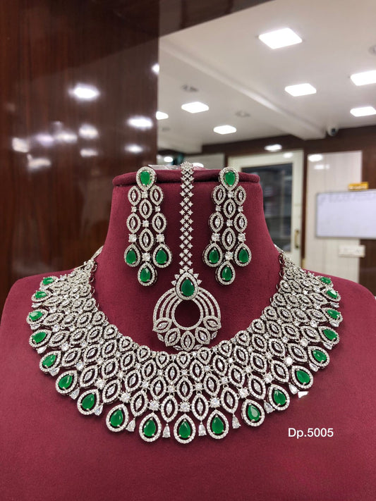 High Quality American diamond Full-bridal Necklace With Earrings and Maangtikka available in silver on rose gold polished/ green on silver polished