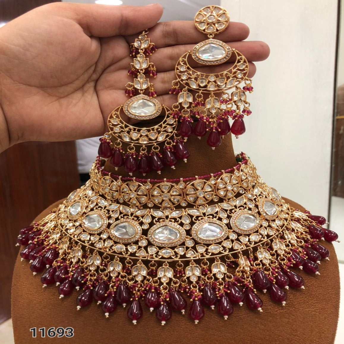 High Quality polki kundan jewellery set with jhumka earrings and