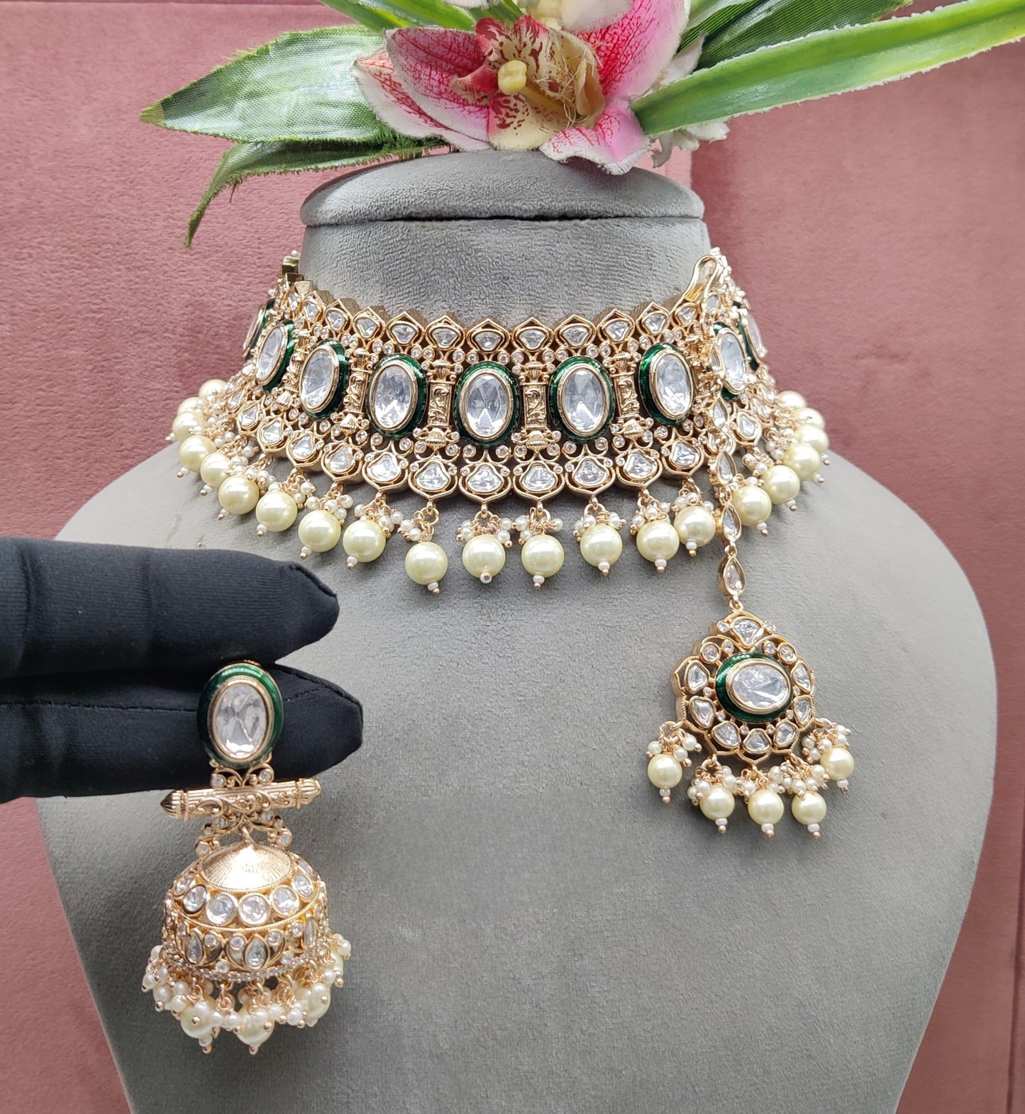 Premium Quality Moissanite Polkis Choker Set with Jhumka earnings  , indian jewellery, bollywood choker set