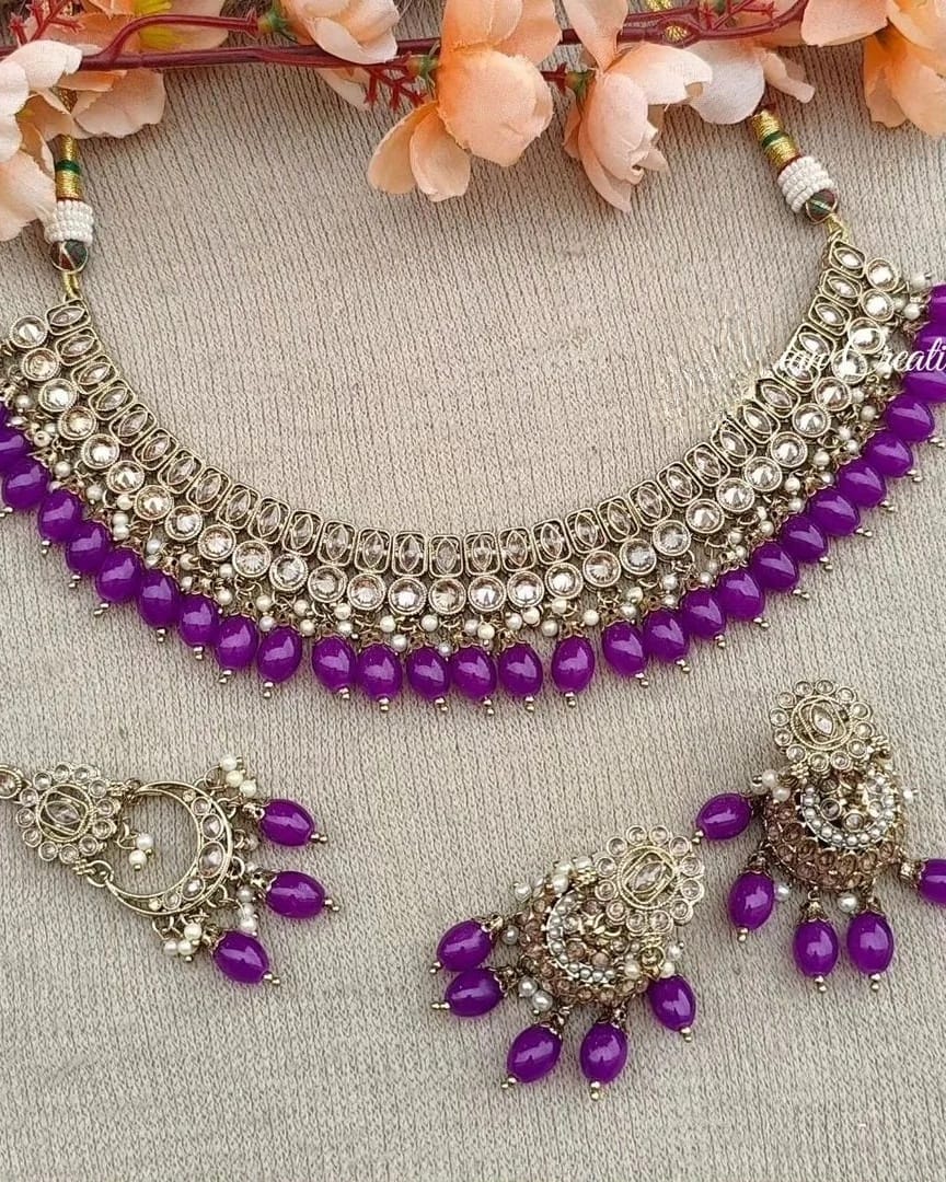 Exquisite Lavender Polki Kundan Choker Set - A Stunning Piece of Punjabi and Indian Jewelry