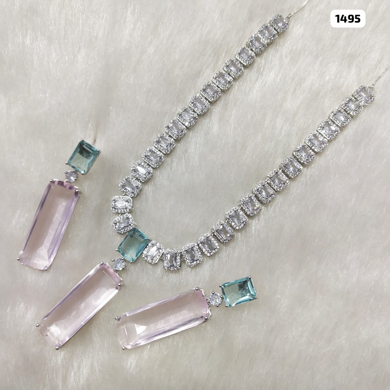 Beautiful Long Stone Pendant Necklace with Earrings jewelry set , Wedding jewelry , bridal set