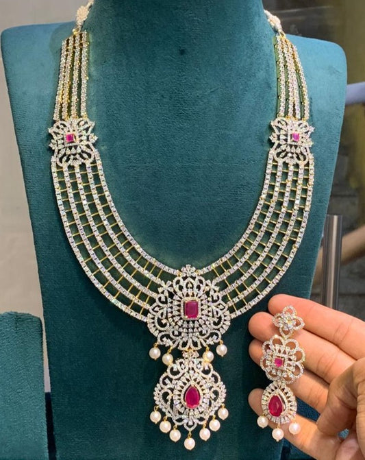 Diamond and Stone Long Necklace Set with Matching Earrings