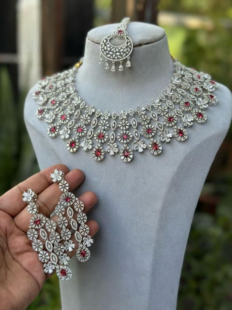 Sagunittujewel's High-Quality American Diamond Necklace Set with Earrings and Maangtikka