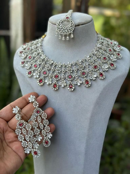 Sagunittujewel's High-Quality American Diamond Necklace Set with Earrings and Maangtikka