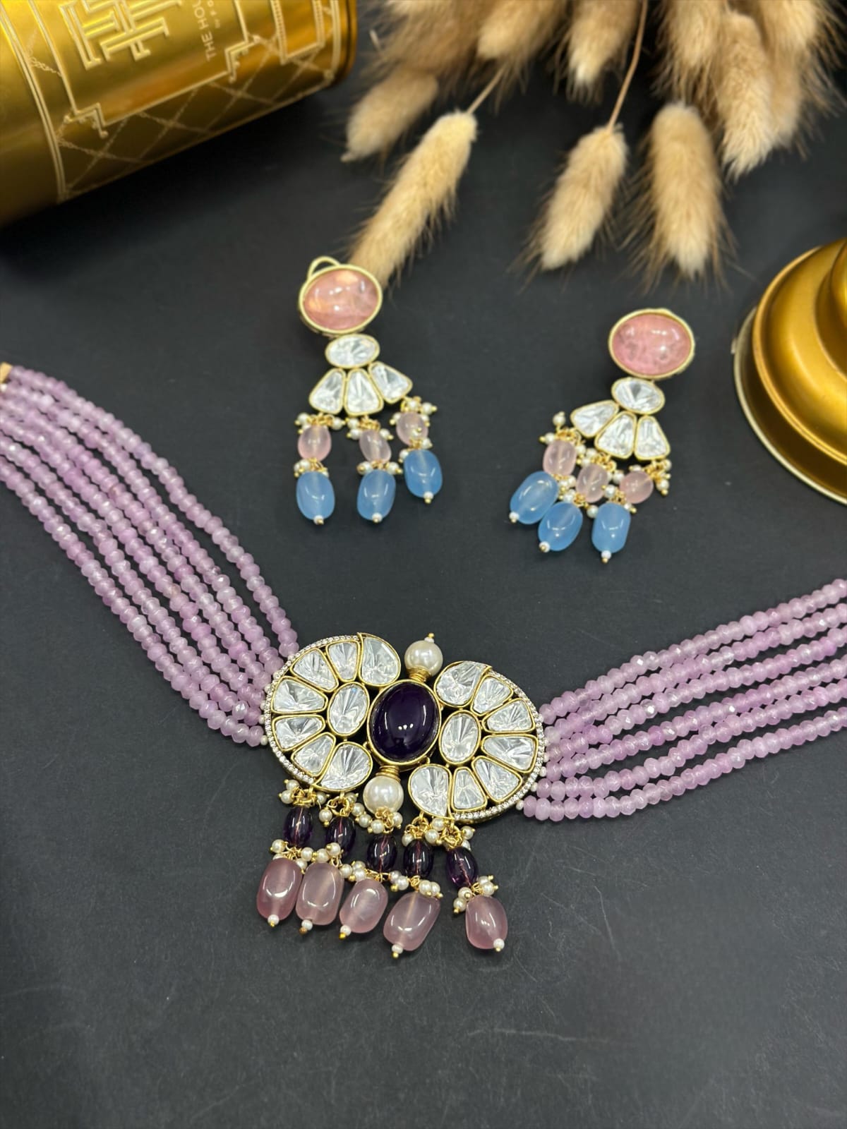 SagunittuJewel: Exquisite Polki Kundan Choker Set with Matching Earrings - Traditional Indian Bridal Jewelry, Wedding Statement Piece