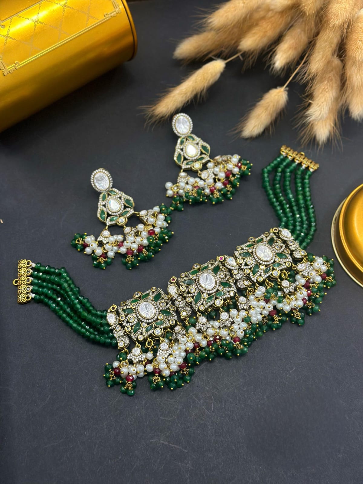 Polki Kundan Choker Set with Matching Earrings - Traditional Indian Bridal Jewelry, Wedding Statement