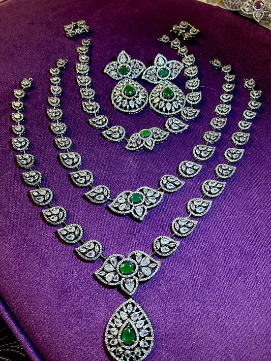 Premium Quality American Diamond 3 layer long haram set with Premium Earrings, southindian jewellery, indian jewellery