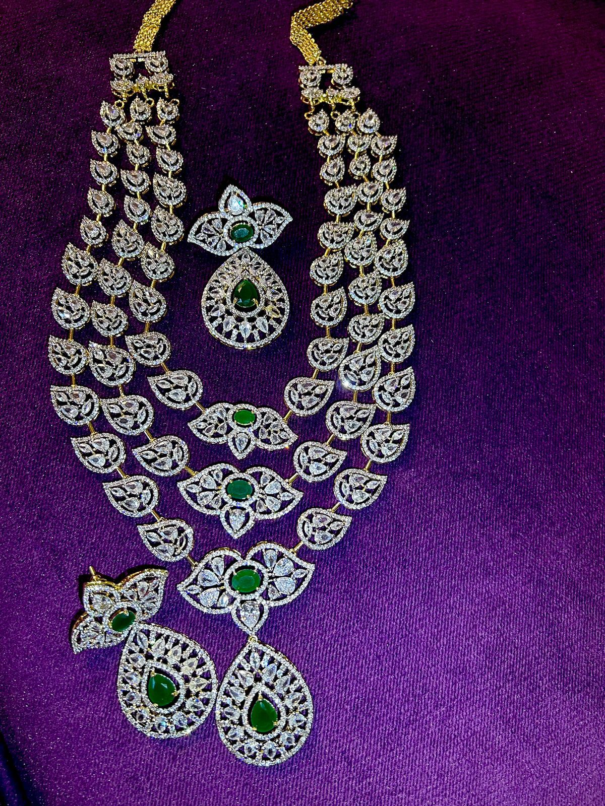Premium Quality American Diamond 3 layer long haram set with Premium Earrings, southindian jewellery, indian jewellery