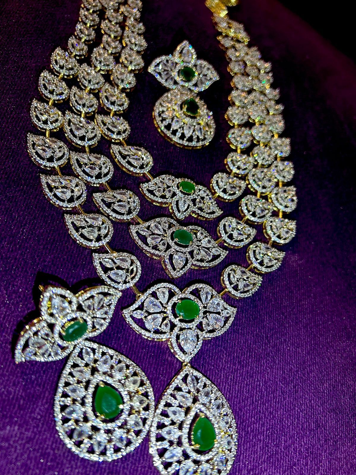 Premium Quality American Diamond 3 layer long haram set with Premium Earrings, southindian jewellery, indian jewellery