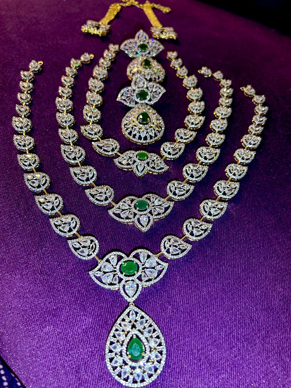 Premium Quality American Diamond 3 layer long haram set with Premium Earrings, southindian jewellery, indian jewellery