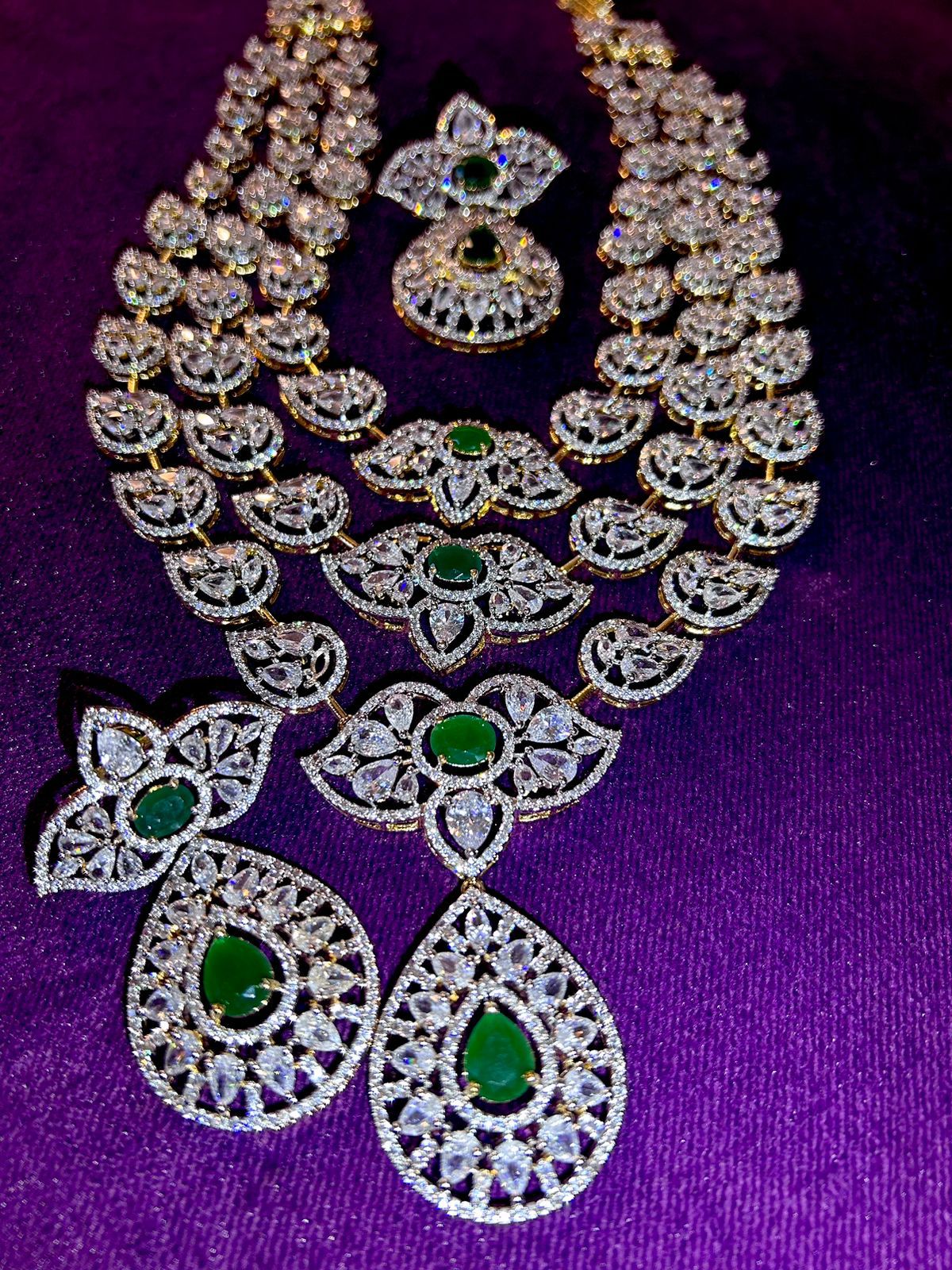 Premium Quality American Diamond 3 layer long haram set with Premium Earrings, southindian jewellery, indian jewellery