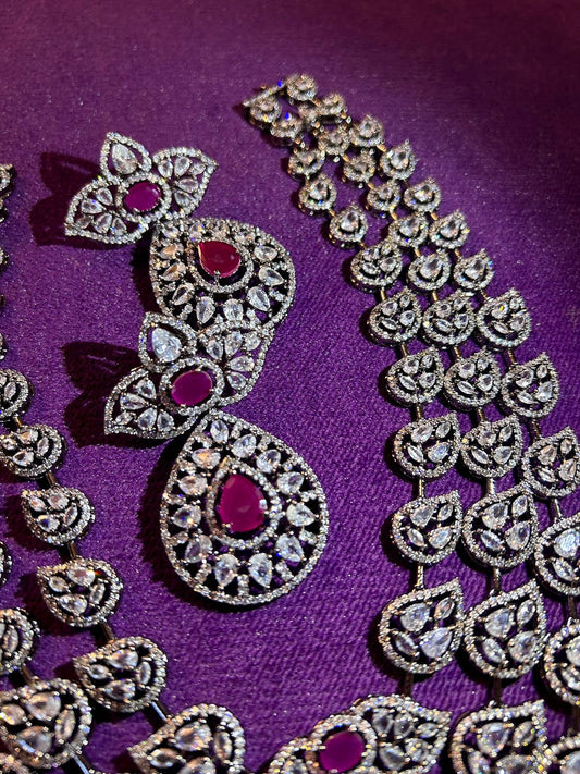 Premium Quality American Diamond 3 layer long haram set with Premium Earrings, southindian jewellery, indian jewellery