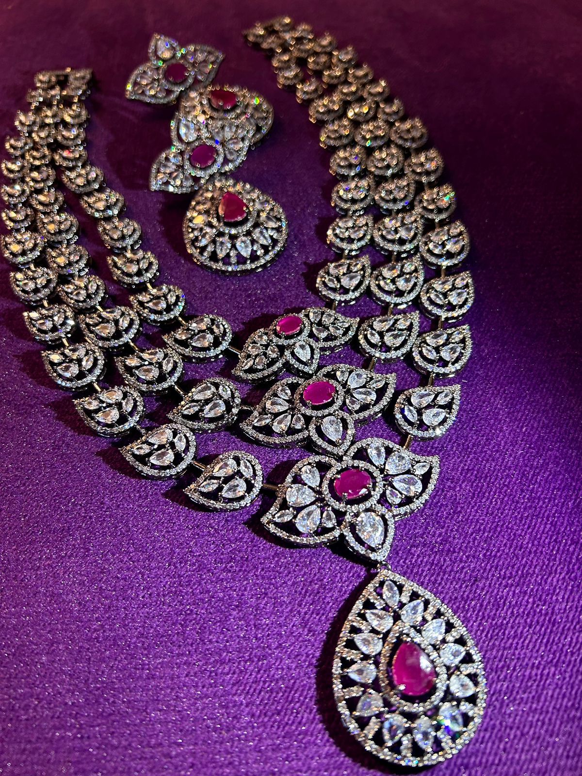 Premium Quality American Diamond 3 layer long haram set with Premium Earrings, southindian jewellery, indian jewellery