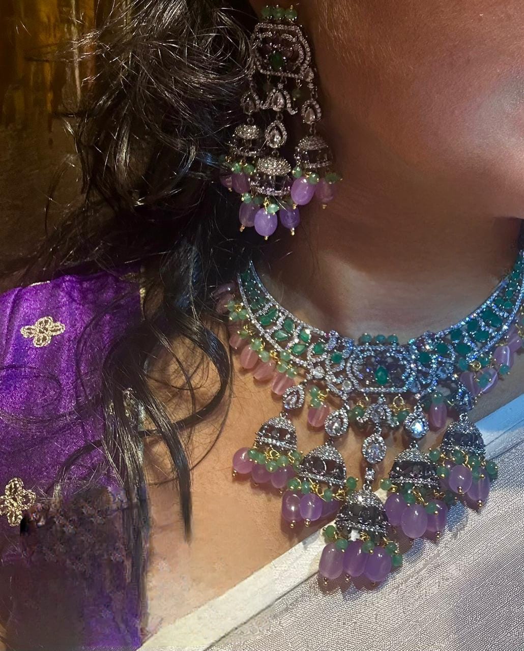 Super luxurious diamond replica Victorian set with screw back earrings with real pastel beads pink n purple unique combination