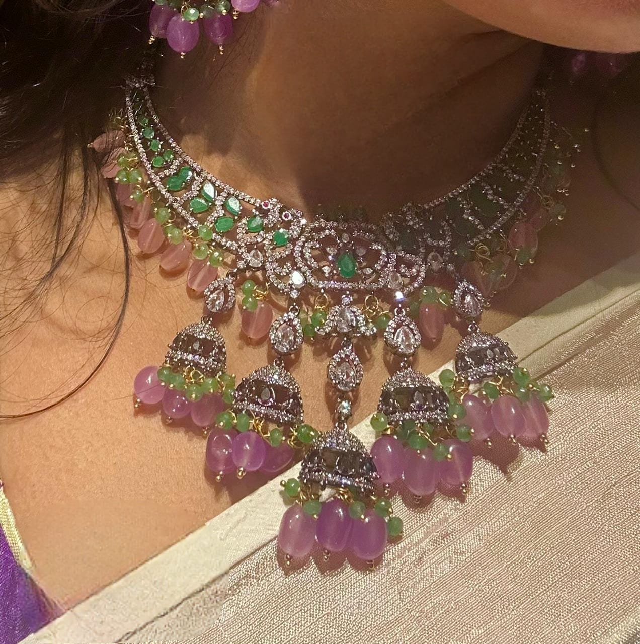 Super luxurious diamond replica Victorian set with screw back earrings with real pastel beads pink n purple unique combination
