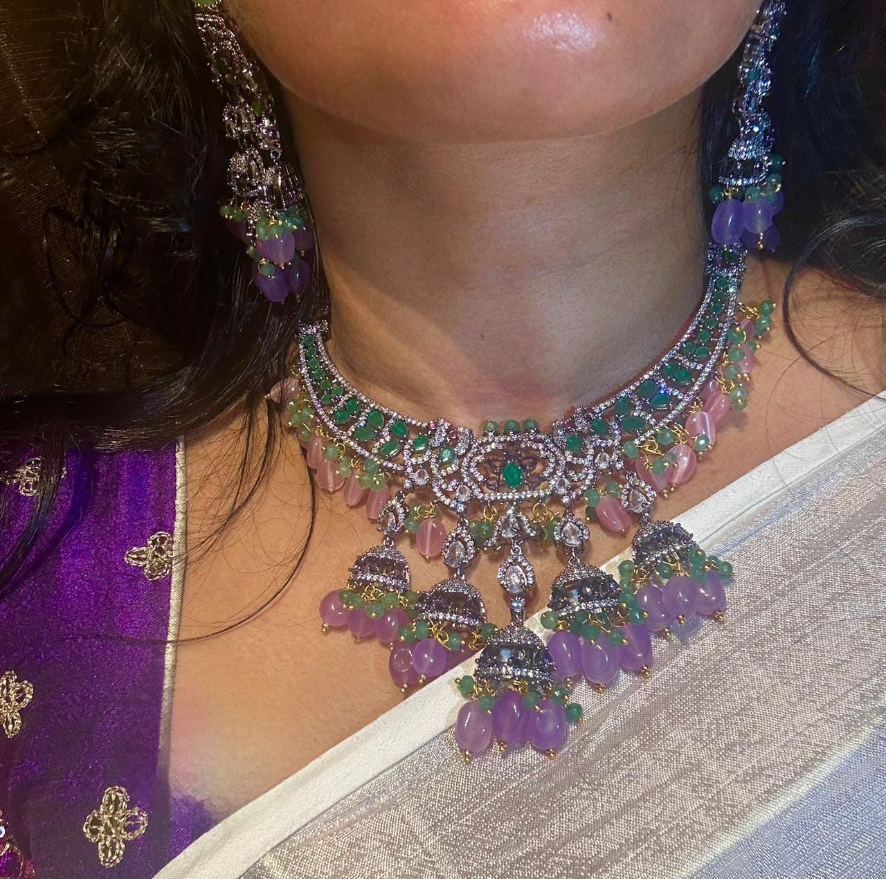 Super luxurious diamond replica Victorian set with screw back earrings with real pastel beads pink n purple unique combination