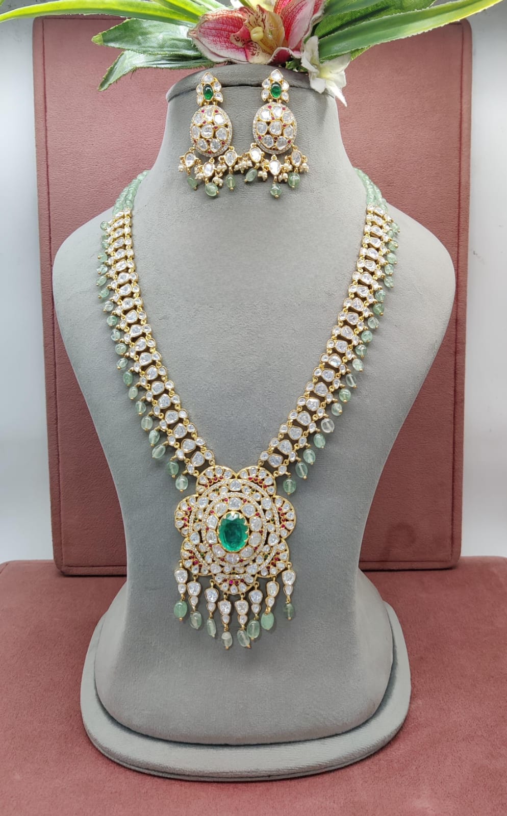 Premium Quality Moissanite Polkis Necklace Set with earnings  , indian jewellery, bollywood necklace set
