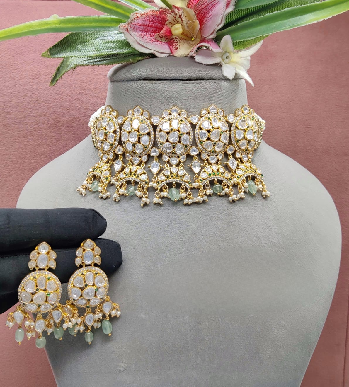 Premium Quality Moissanite Polkis Choker Set with earnings  , indian jewellery, bollywood choker set