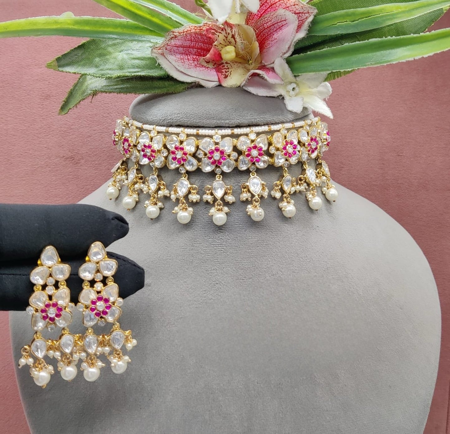 Premium Quality Moissanite Polkis Choker Set with earnings  , indian jewellery, bollywood choker set