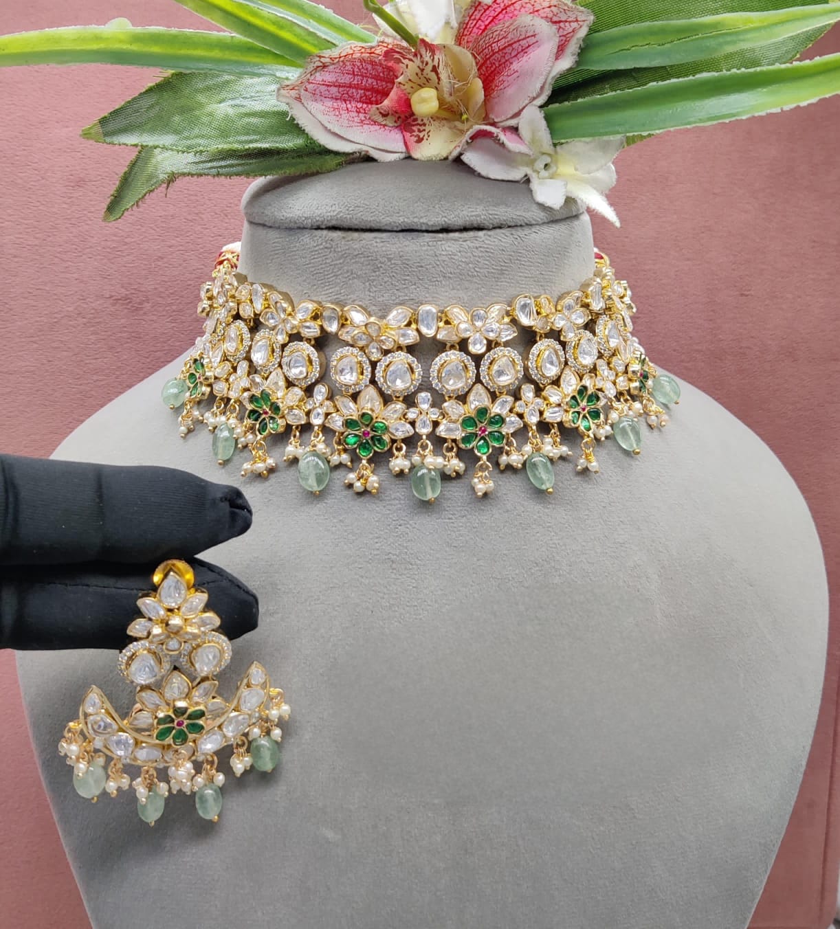 Premium Quality Moissanite Polkis Choker Set with earnings  , indian jewellery, bollywood choker set