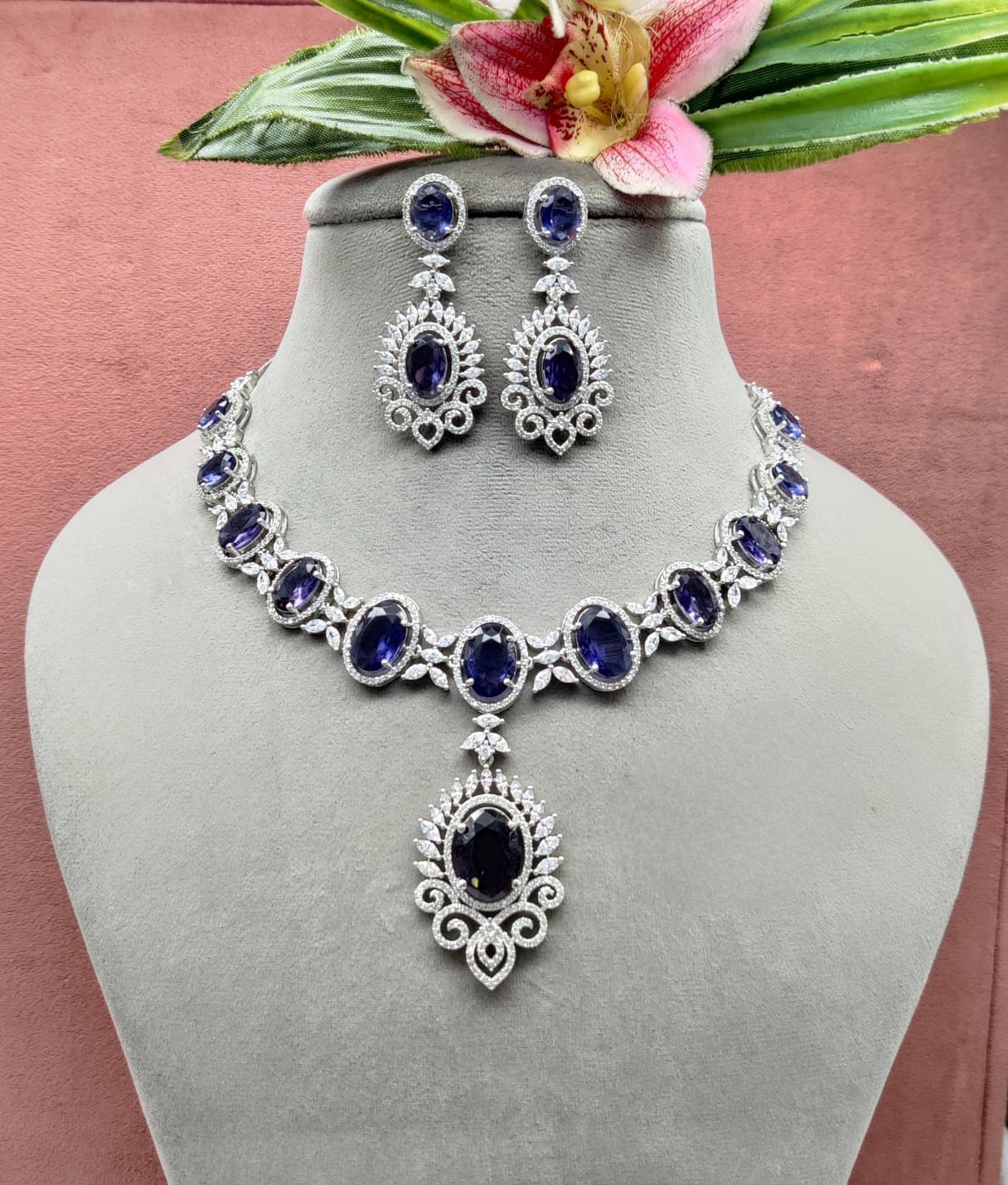 American Diamond Necklace Set with Earrings, occassion necklace, beautiful neckpiece