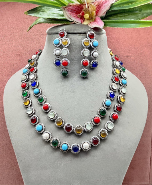 Multicolored Double Layer Necklace and Earrings Set