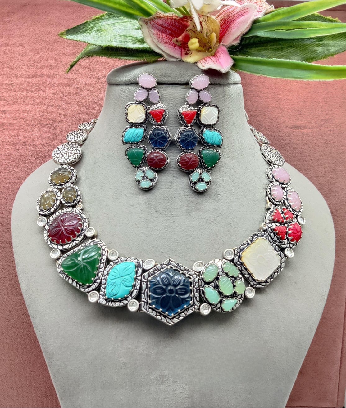 Mystic Opal: Genuine Mother of Pearl Stone Necklace Set with Earrings