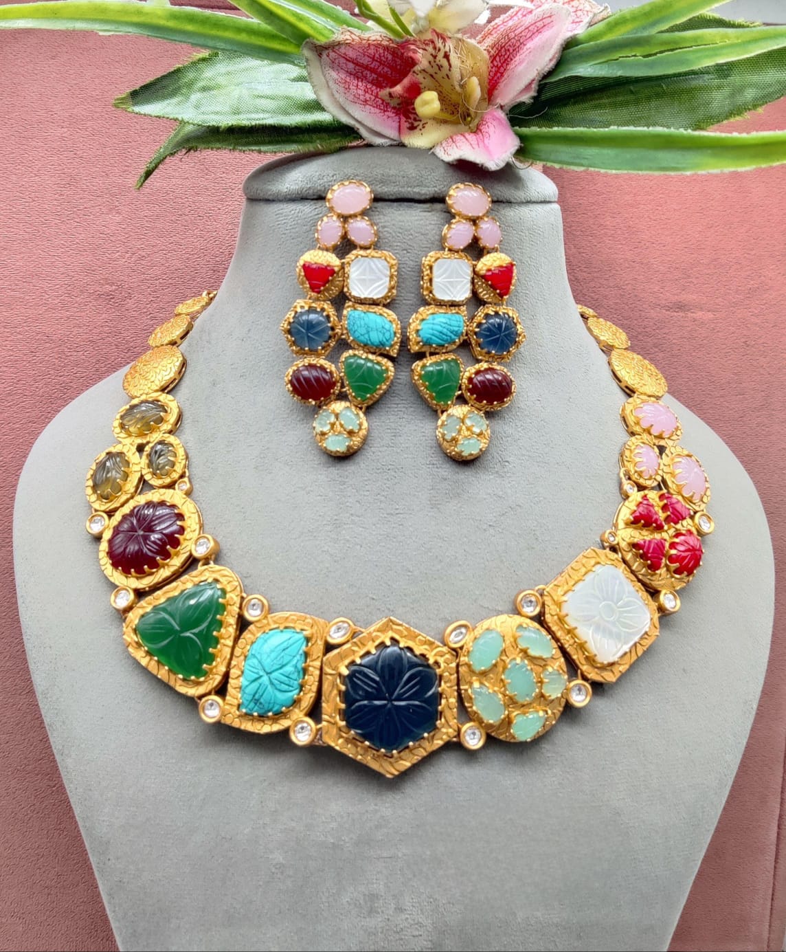 Mystic Opal: Genuine Mother of Pearl Stone Necklace Set with Earrings