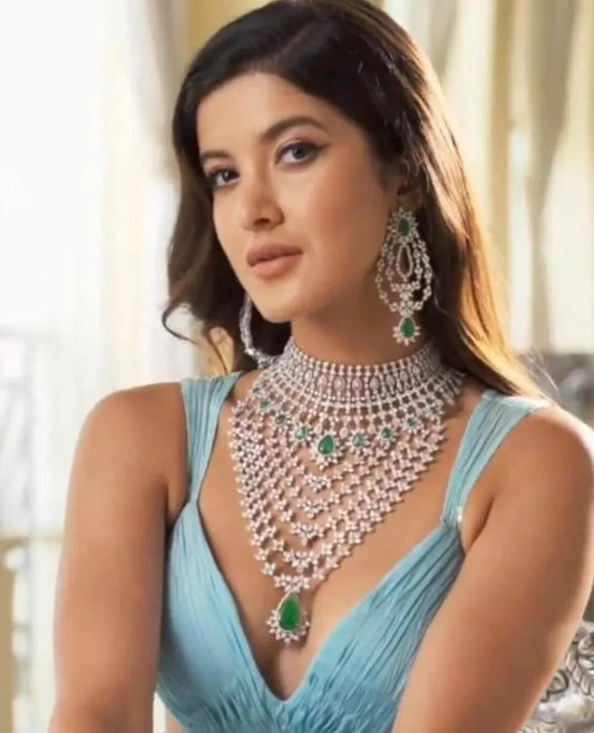 Radiant Splendor: American Diamond Bridal Necklace Set with Long Haram, Earrings, and Maangtikka , Full bridla jewellery