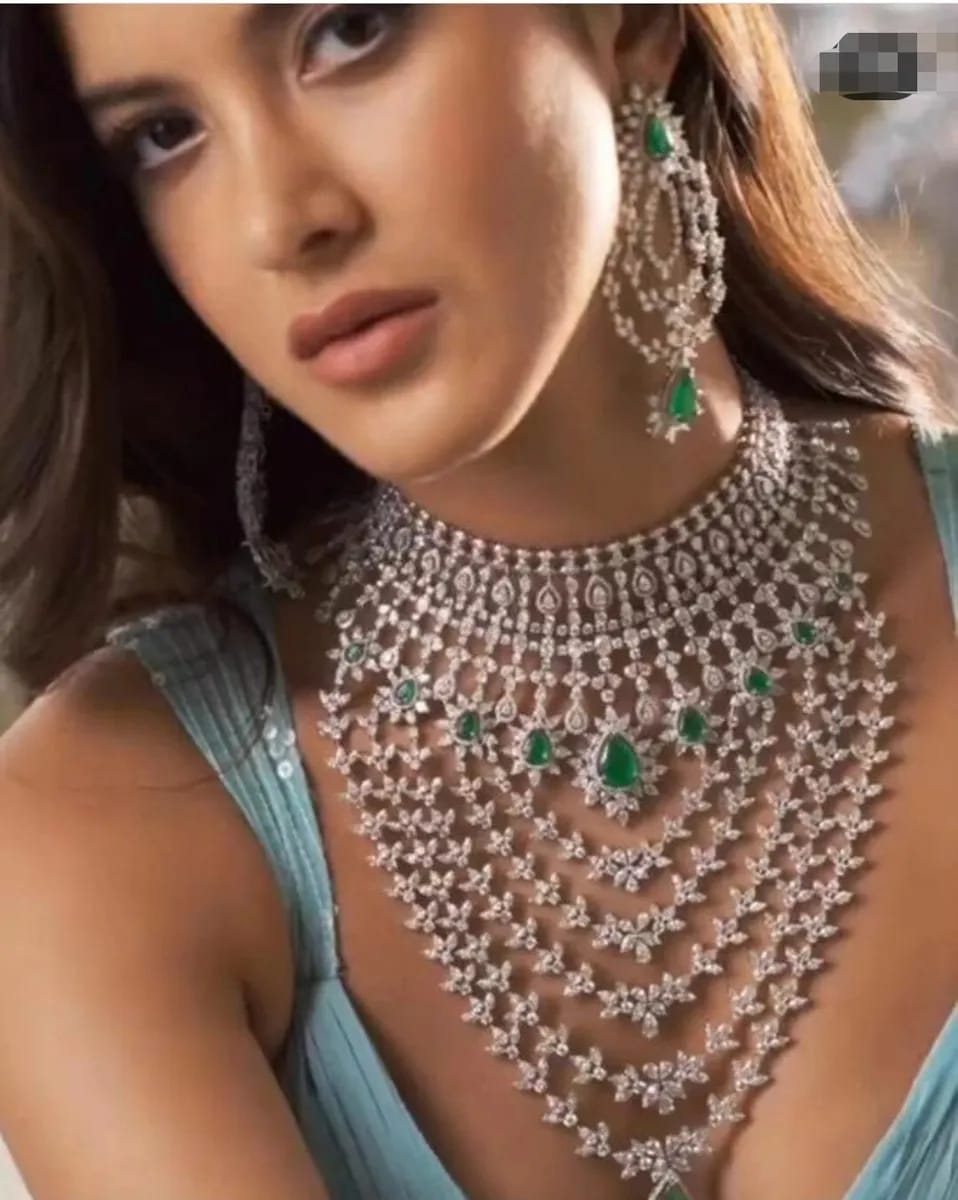 Radiant Splendor: American Diamond Bridal Necklace Set with Long Haram, Earrings, and Maangtikka , Full bridla jewellery