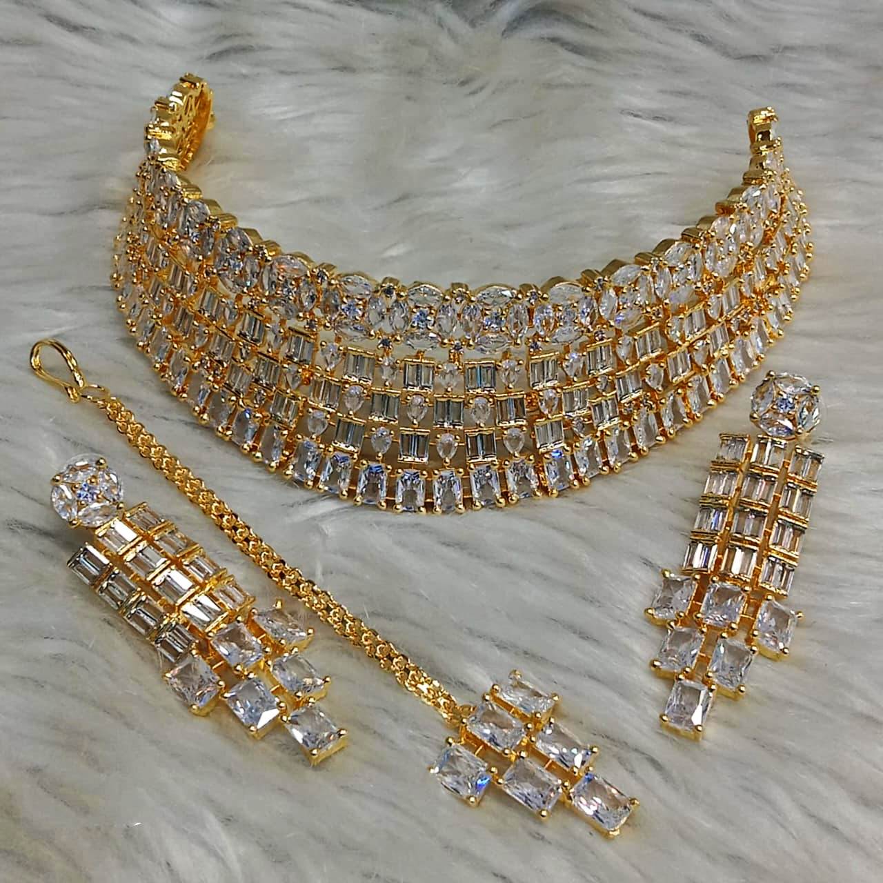 Exquisite Elegance: Premium Quality American Diamond Choker Set with Earrings and Maangtikka