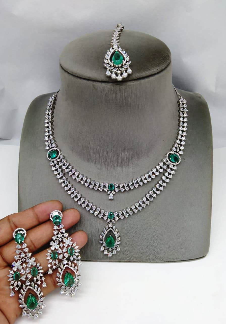 Radiant Splendor, American Diamond Necklace Set with Earrings & Maangtikka  , indian jewellery , bollywood jewellery , wedding jewellery