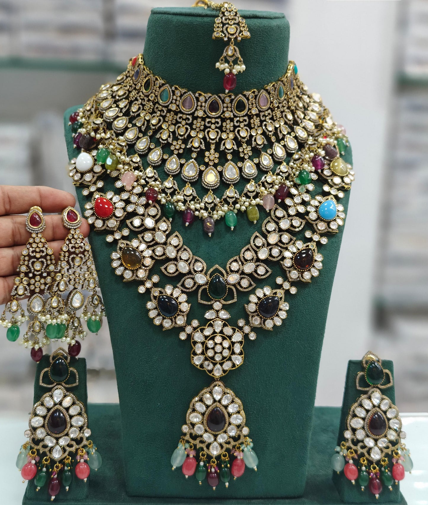 Premium Quality Bridal Pachi Kundan Choker with Long Haram, Double Earrings, and Maangtikka Set , Full Bridal Pachi Kundan jewellery set