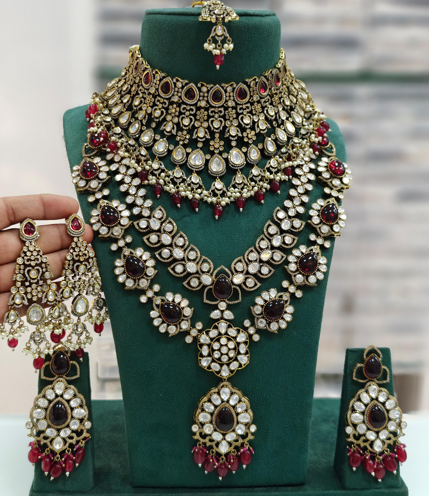 Premium Quality Bridal Pachi Kundan Choker with Long Haram, Double Earrings, and Maangtikka Set , Full Bridal Pachi Kundan jewellery set