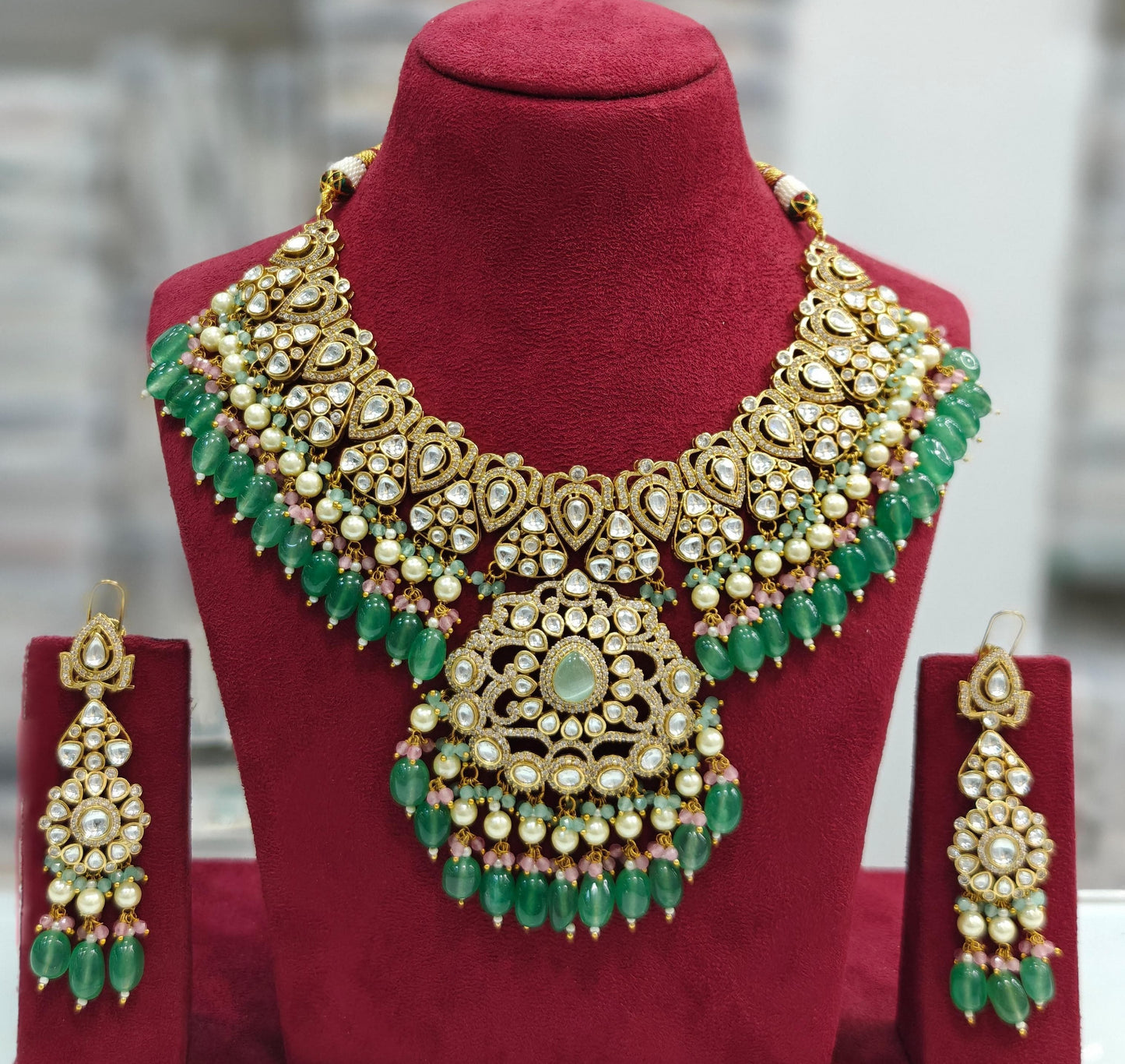 Regal Splendor, Premium Polki Kundan Necklace Set with Earrings jewelry set , Indian Jewellery set , Costume Golden Jewellery set
