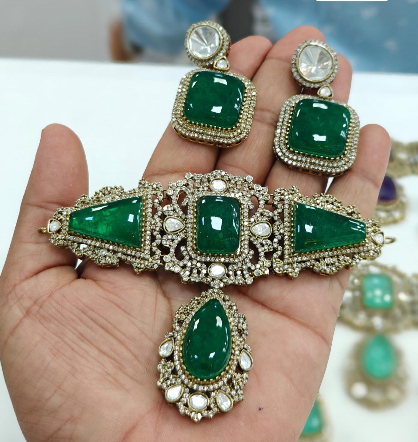 Victorian Choker Necklace Set with Large Stones and Matching Earrings Jewelry set
