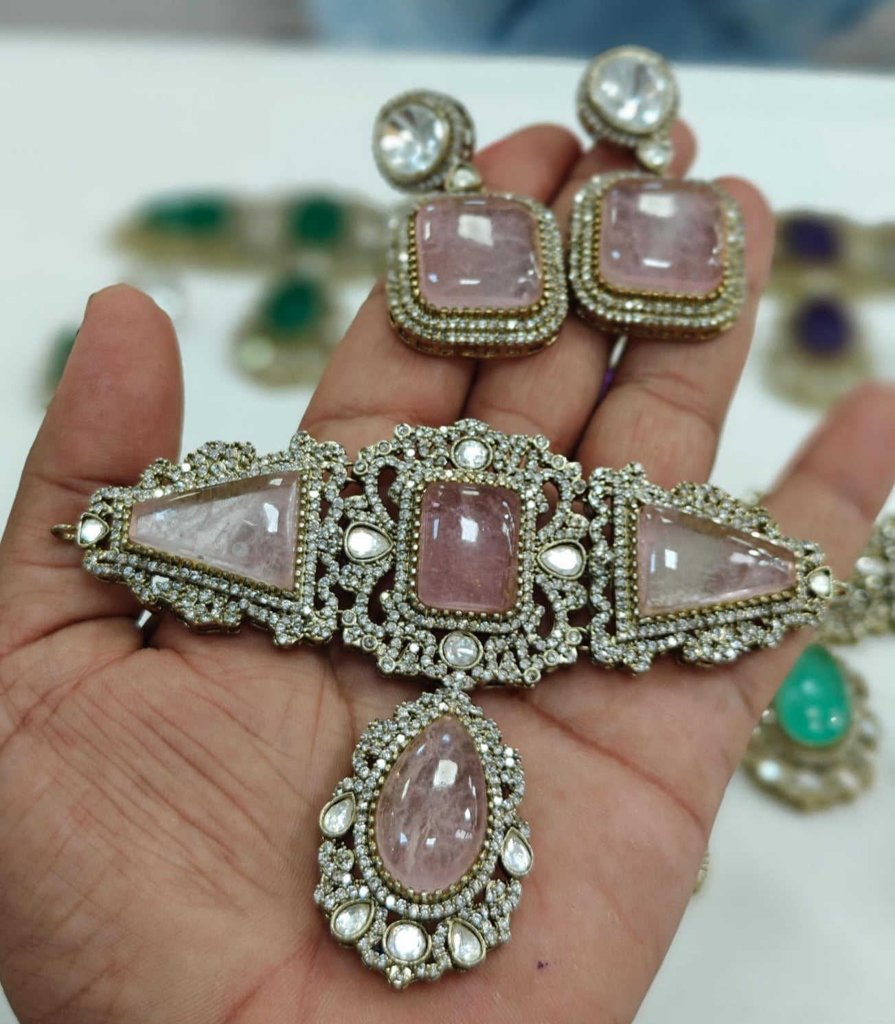 Victorian Choker Necklace Set with Large Stones and Matching Earrings Jewelry set
