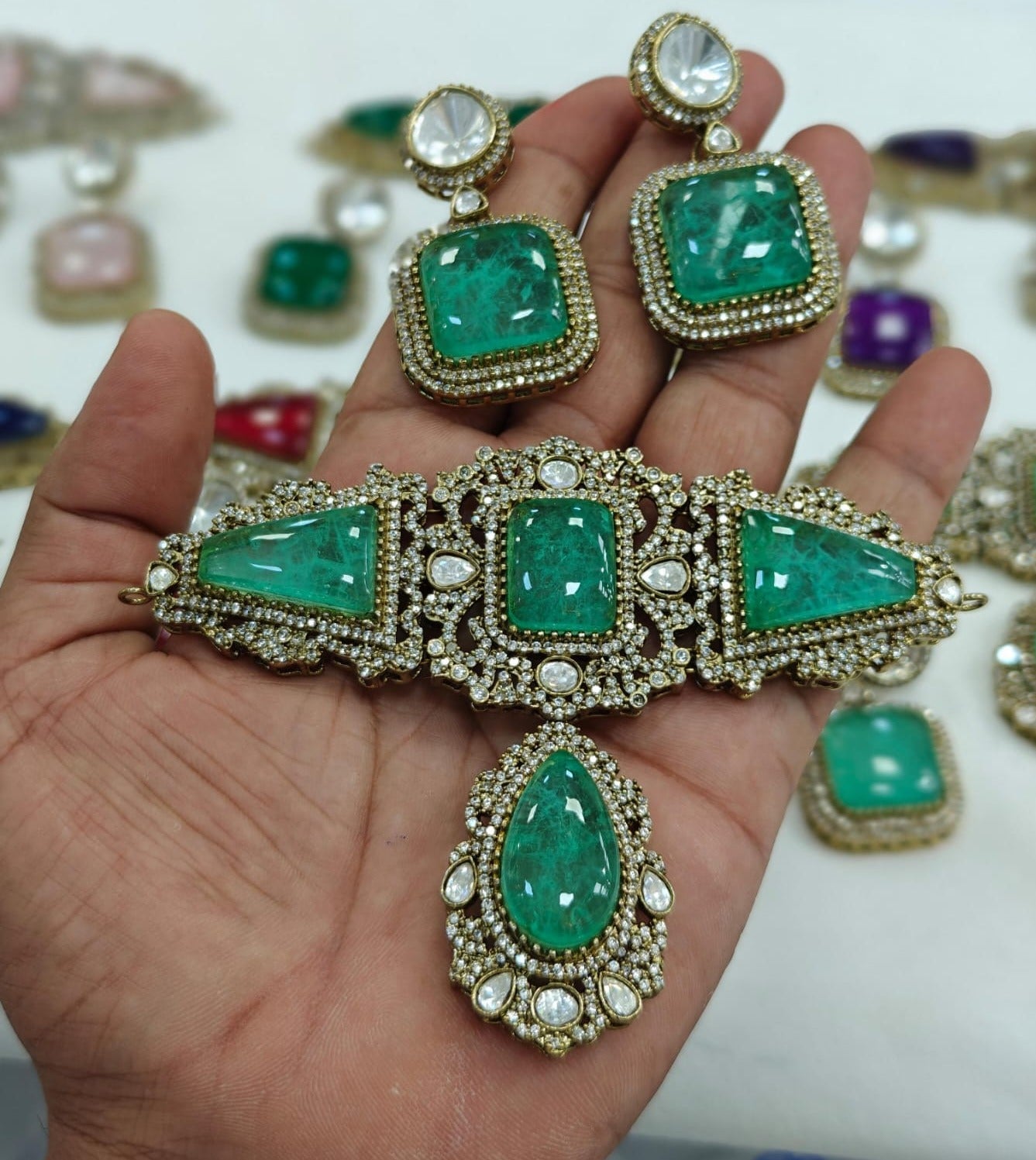 Victorian Choker Necklace Set with Large Stones and Matching Earrings Jewelry set