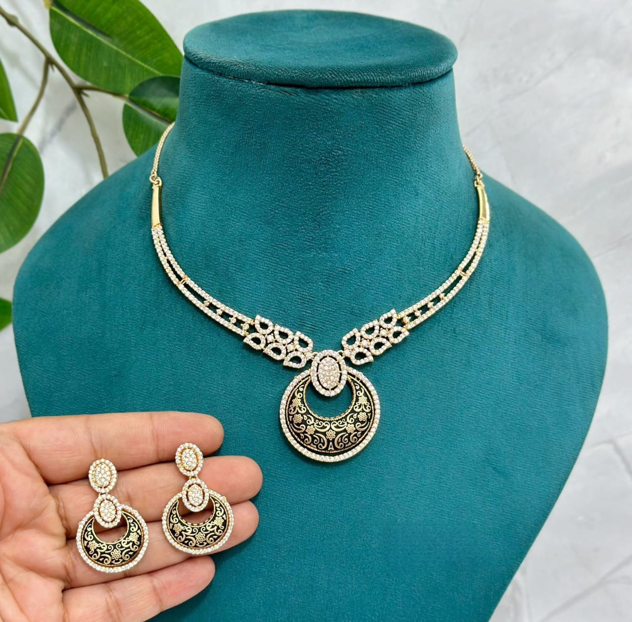 Chandbali Style American Diamond Short Necklace with Matching Earrings Jewelry Set