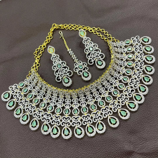 Exquisite American Diamond Necklace Set with Earrings & Maangtikka, Indian jewellery set , Premium Quality Bridal Jewelry