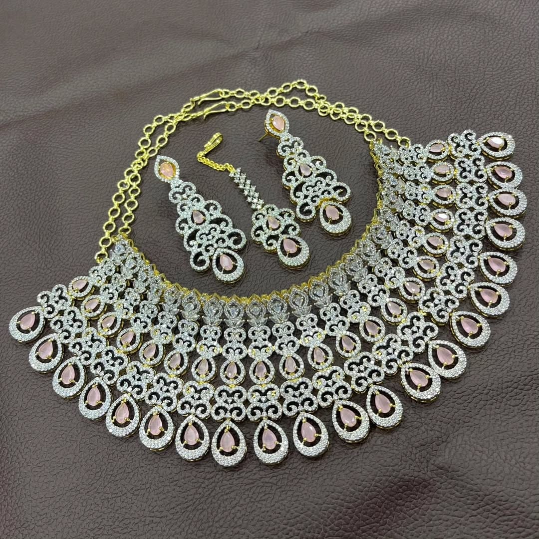 Exquisite American Diamond Necklace Set with Earrings & Maangtikka, Indian jewellery set , Premium Quality Bridal Jewelry