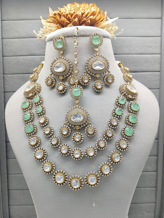 Premium Quality Double-Layer Kundan Necklace Set with Mini AD Work โ Includes Earrings & Maangtikka for Special Occasions