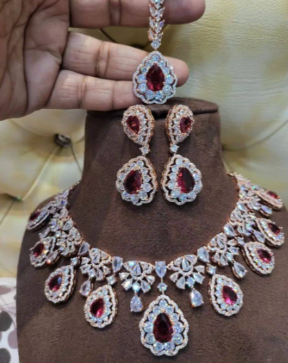 American Diamond Necklace with Earrings and maangtikka jewelry set , American diamond bridal set ,AD jewelry