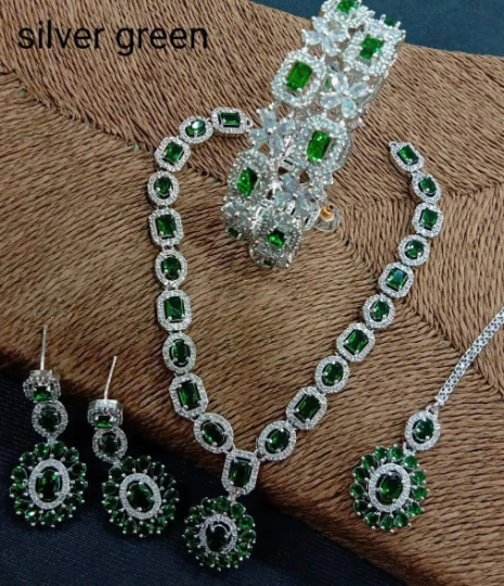 Resplendent Vintage Glamour: American Diamond Necklace Set with Earrings, Maangtikka, and Bangles from a Bygone Era